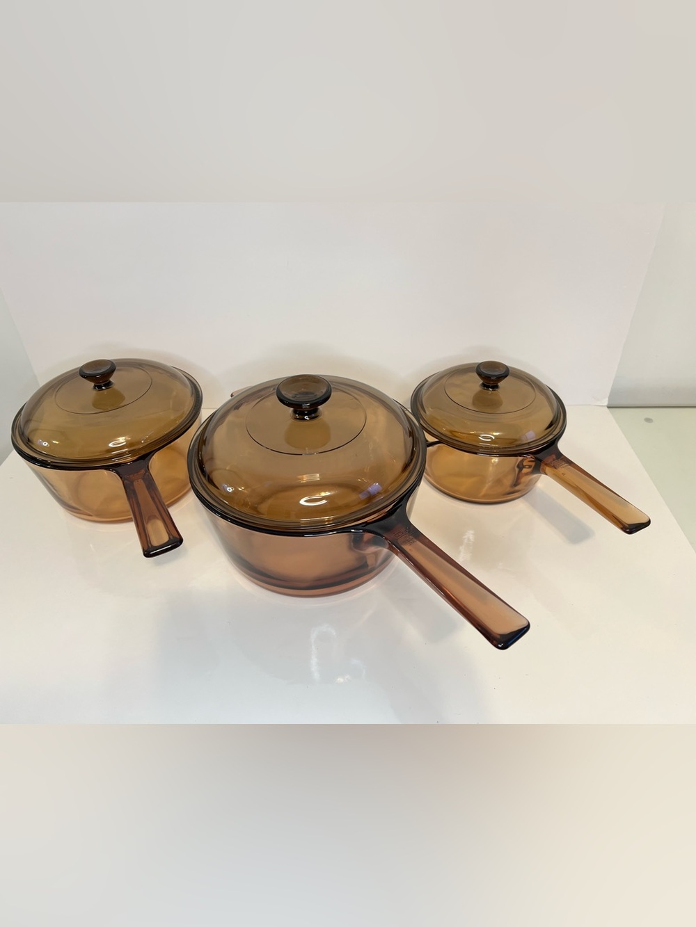 Vintage Corning Vision Pyrex Pot Set 6 Piece With Lids Amber Glass Cookware Set